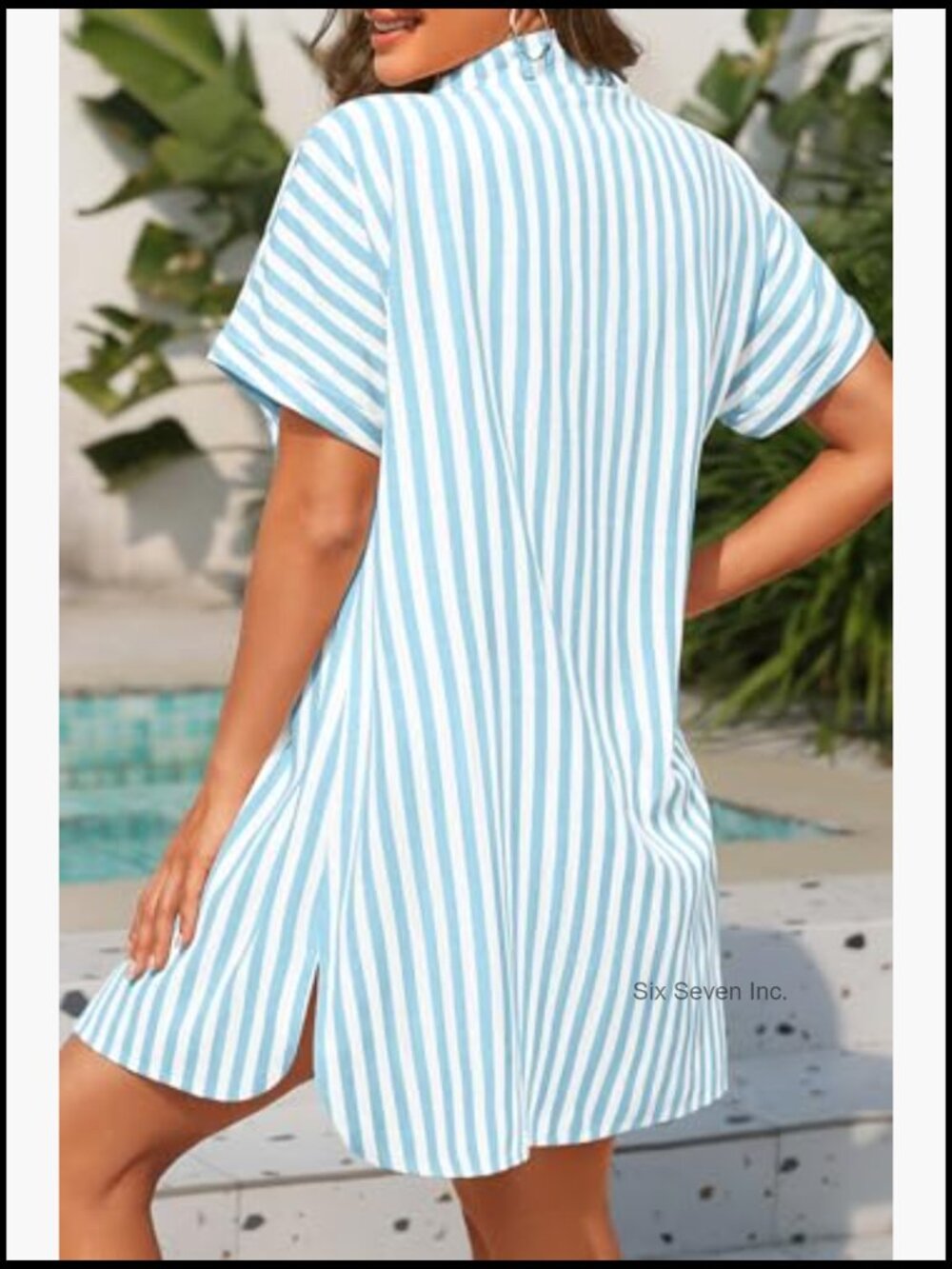 Button Down Swimsuit Cover Up Striped Beach Dress Short Sleeve Lyocell Cotton - Picture 2 of 7